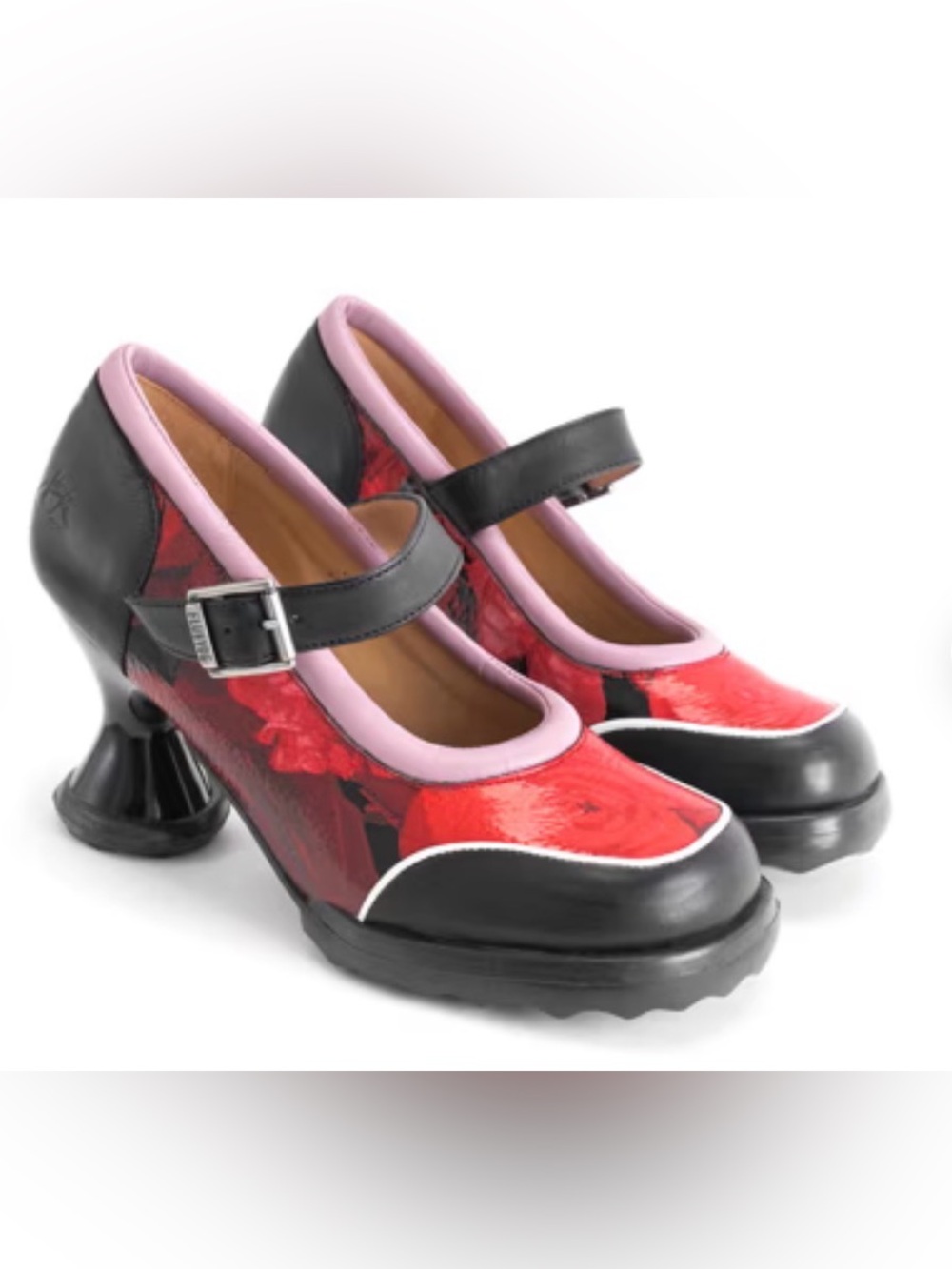 Fluevog NEARLY NEW Mini Gorgeous black/patent red floral MJ heel -9.5 (fits 9)